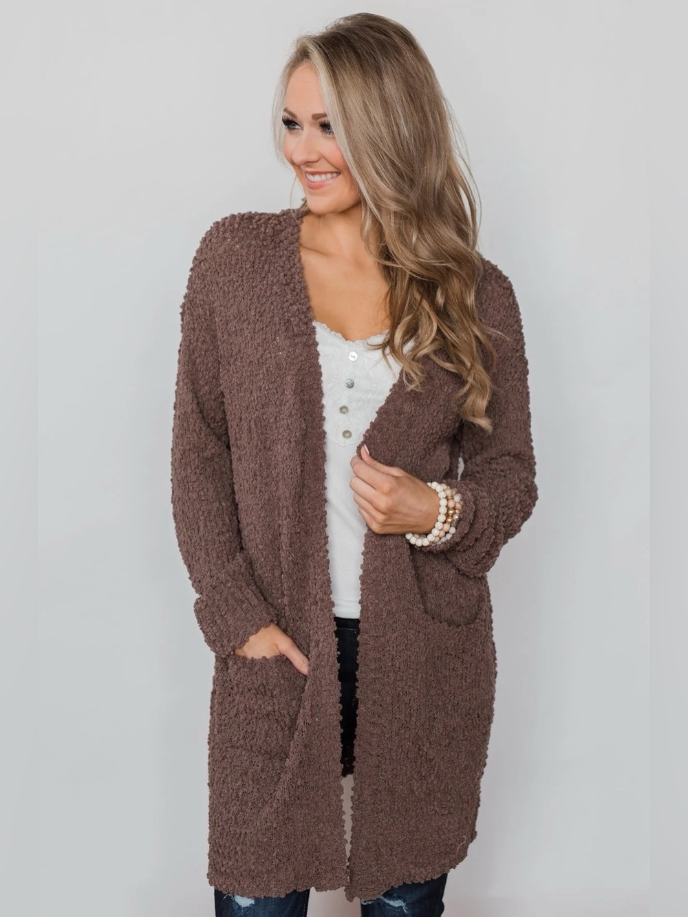 Brown Popcorn Pocketed Cardigan